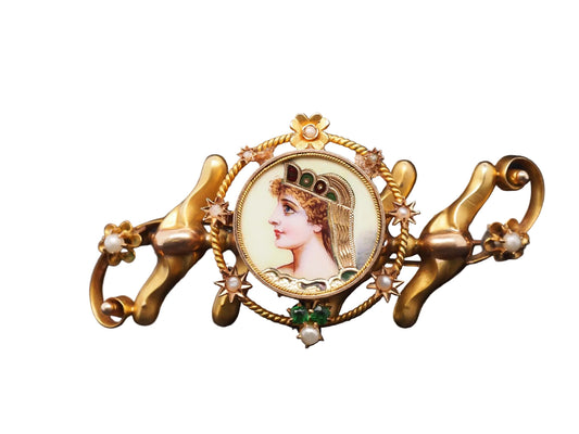 Estate 1900s 14K Yellow Gold Brooch with Painted Woman - VHK#464b