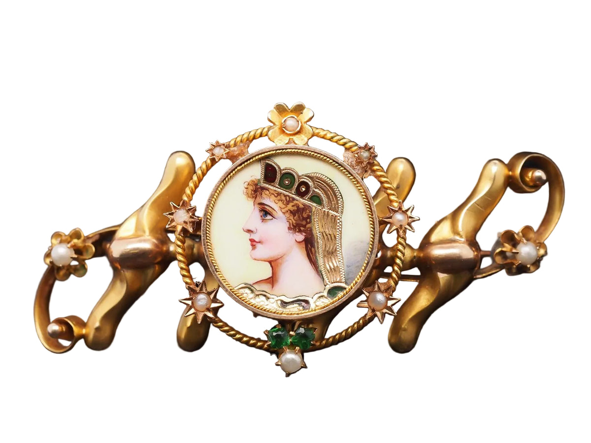 Estate 1900s 14K Yellow Gold Brooch with Painted Woman - VHK#464b