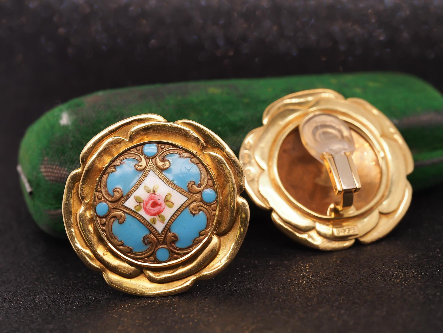 Estate 18K Yellow Gold Elizabeth Gage Enamel Painting Earrings - VHK#467a