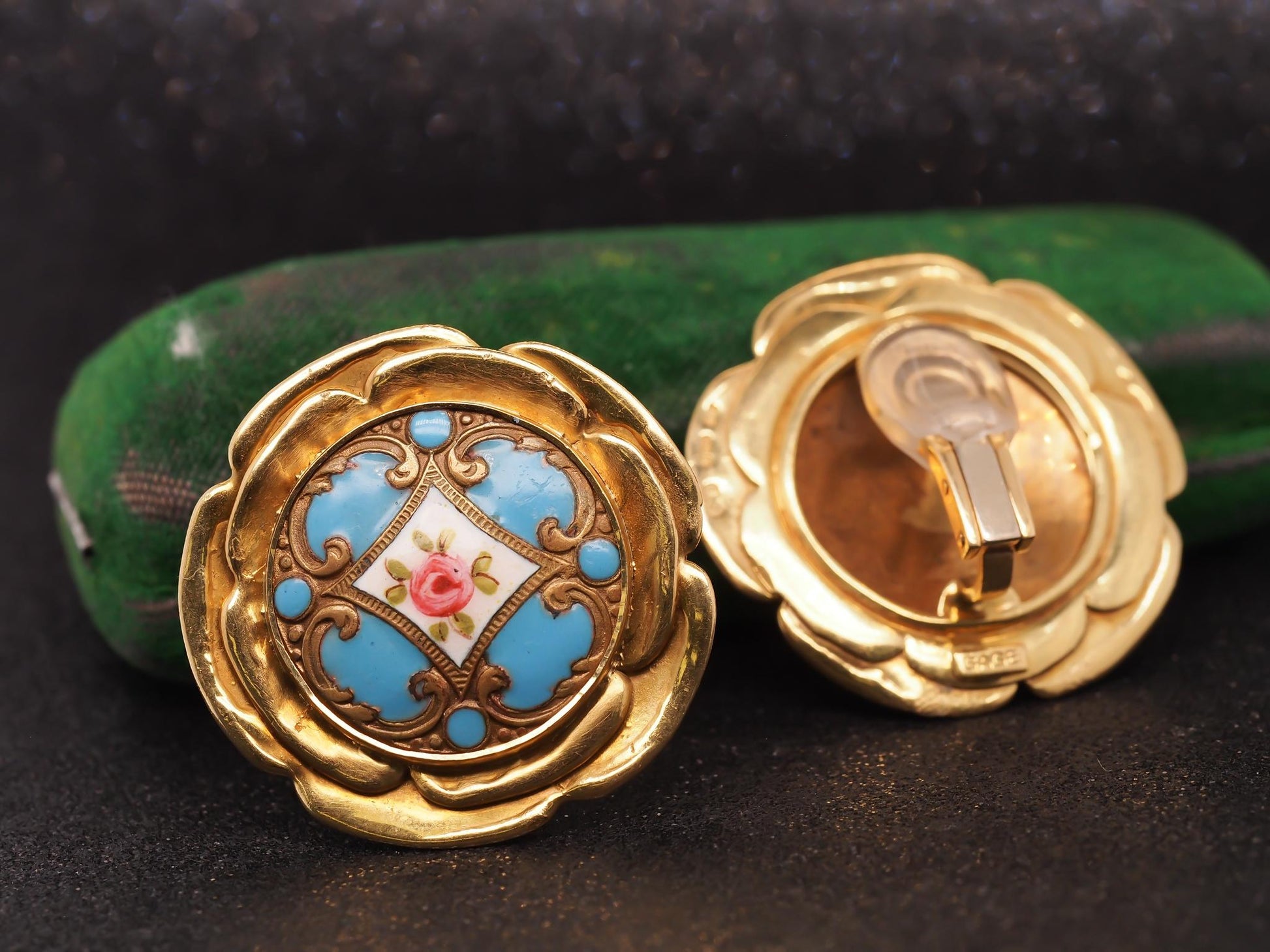 Estate 18K Yellow Gold Elizabeth Gage Enamel Painting Earrings - VHK#467a