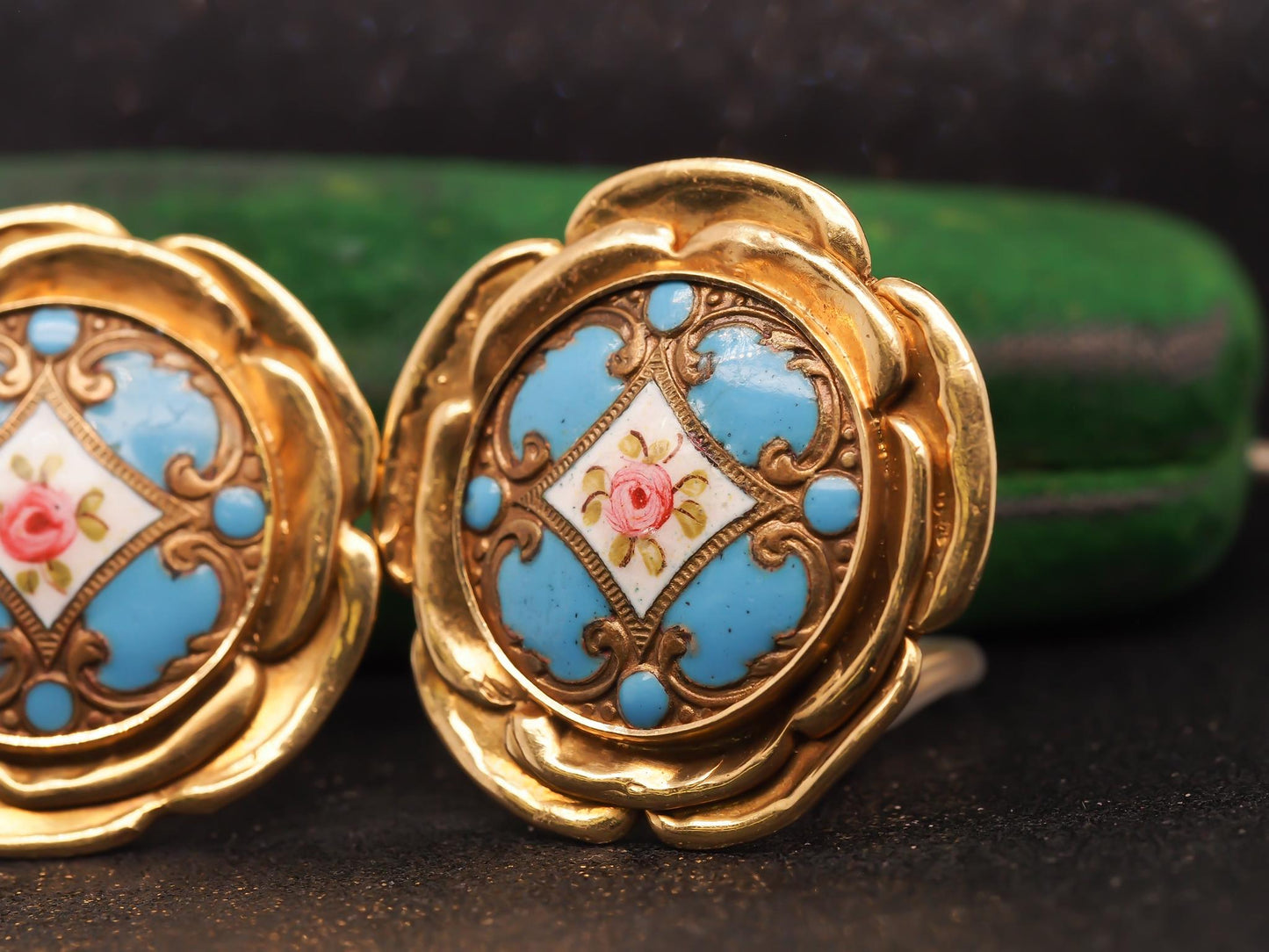 Estate 18K Yellow Gold Elizabeth Gage Enamel Painting Earrings - VHK#467a