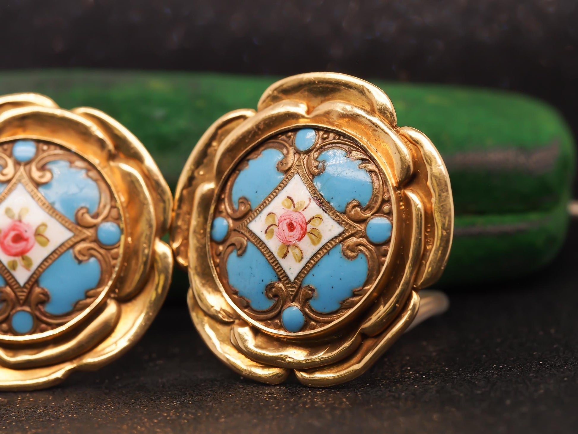 Estate 18K Yellow Gold Elizabeth Gage Enamel Painting Earrings - VHK#467a