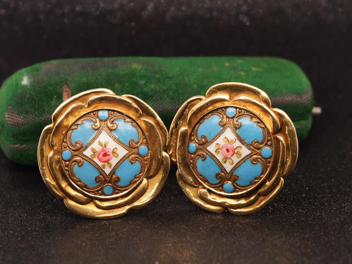 Estate 18K Yellow Gold Elizabeth Gage Enamel Painting Earrings - VHK#467a
