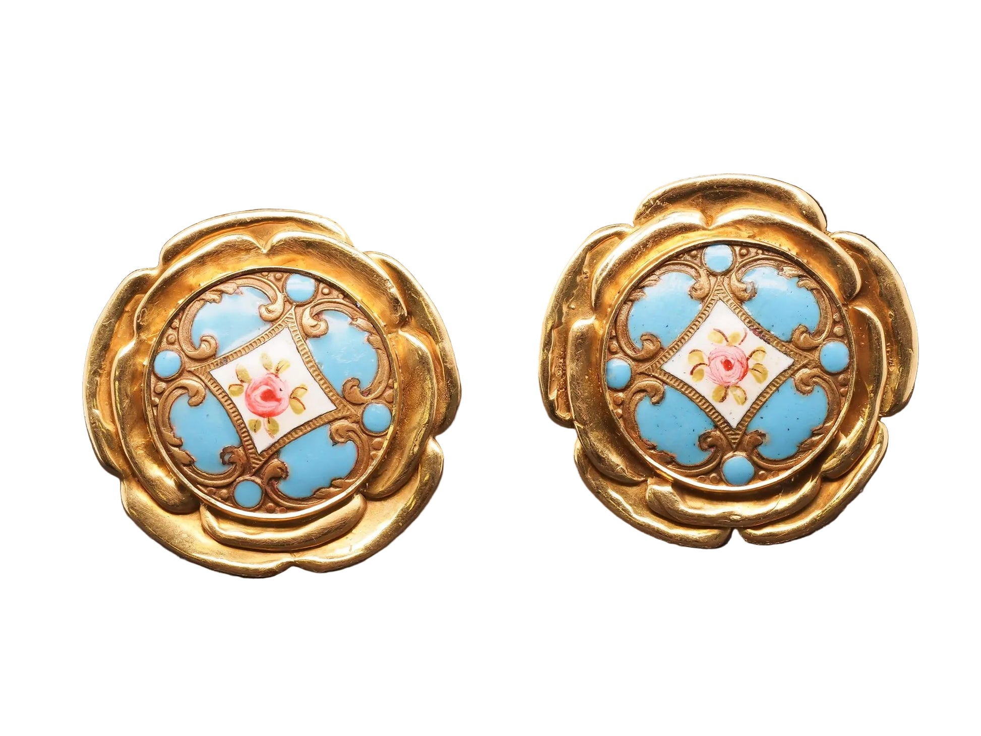 Estate 18K Yellow Gold Elizabeth Gage Enamel Painting Earrings - VHK#467a