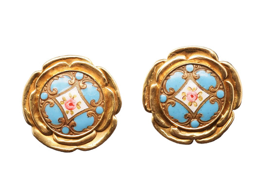 Estate 18K Yellow Gold Elizabeth Gage Enamel Painting Earrings - VHK#467a