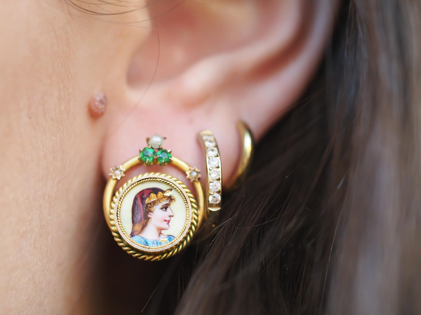 Estate Vintage 14K Yellow Gold Earrings with Emerald and Diamond - VHK#510B