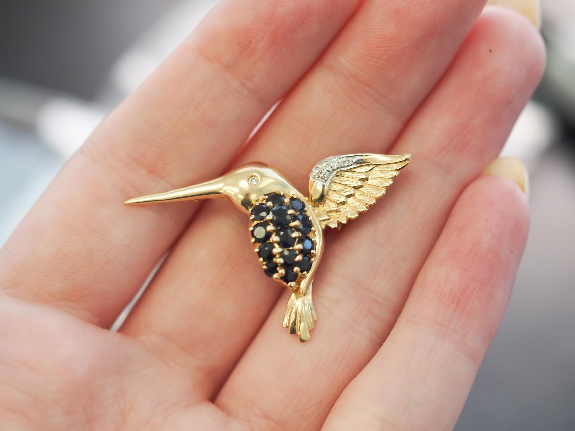 Estate 14K Yellow Gold Sapphire and Diamond Hummingbird Pendant and Brooch