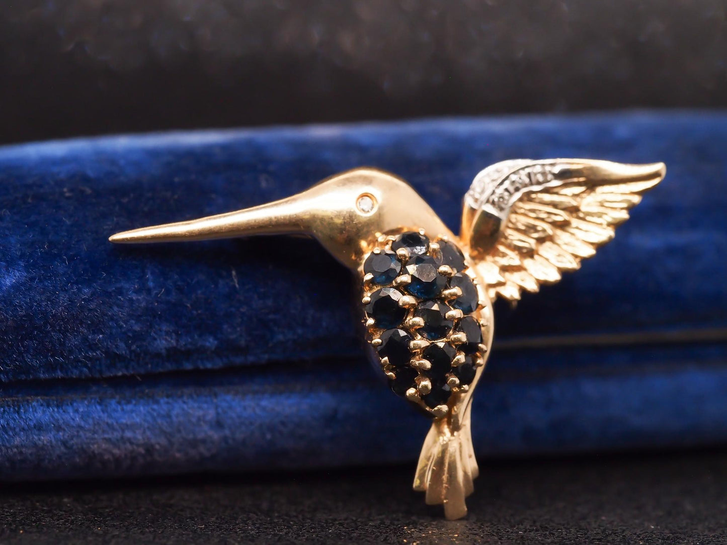 Estate 14K Yellow Gold Sapphire and Diamond Hummingbird Pendant and Brooch