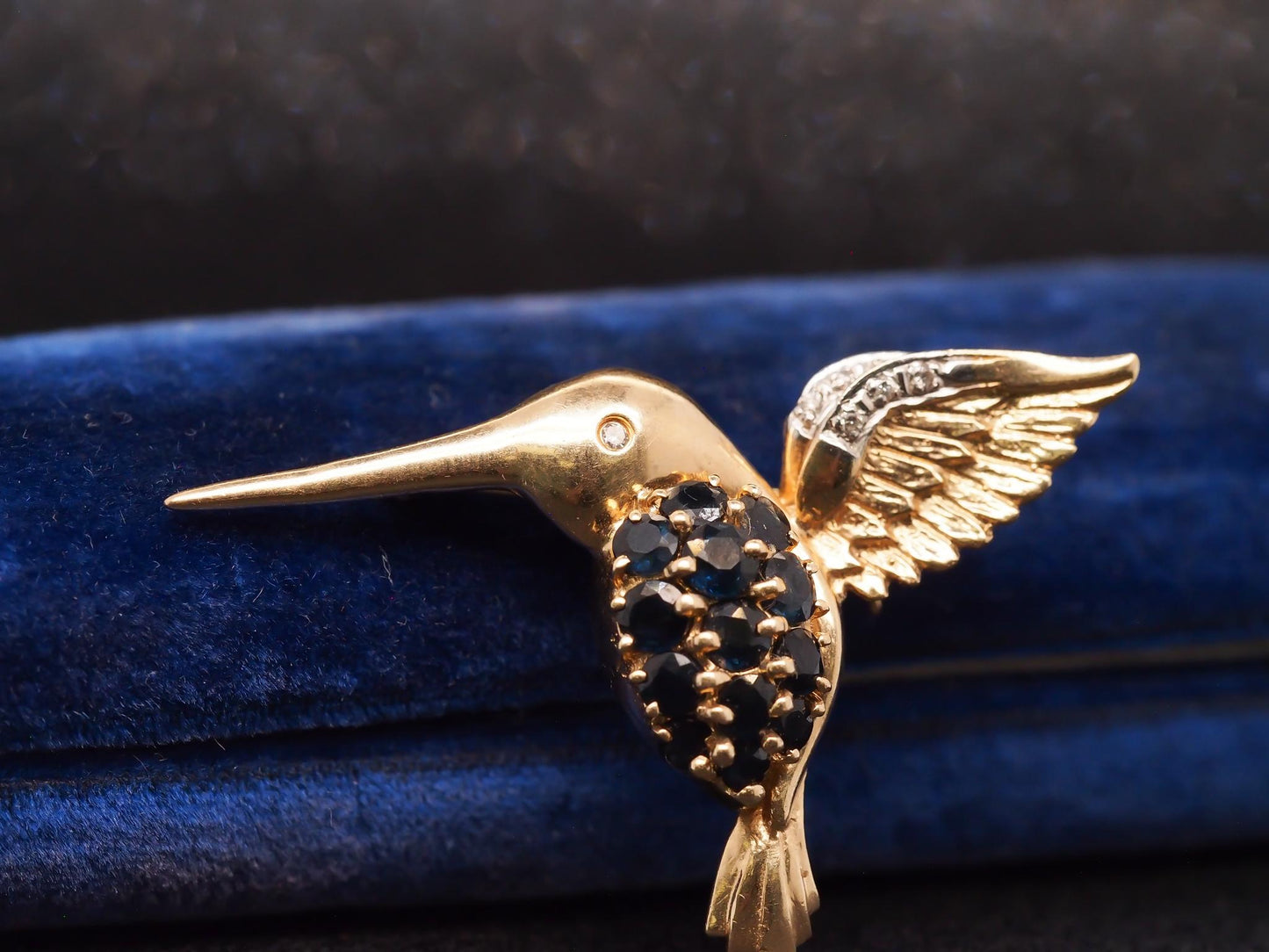 Estate 14K Yellow Gold Sapphire and Diamond Hummingbird Pendant and Brooch
