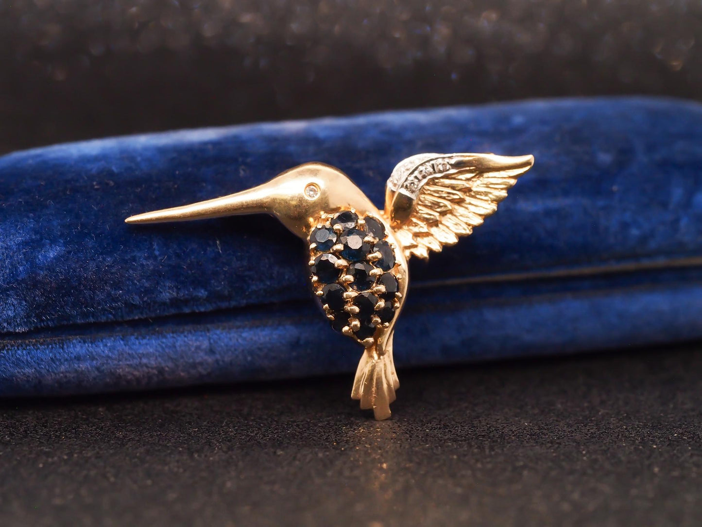 Estate 14K Yellow Gold Sapphire and Diamond Hummingbird Pendant and Brooch