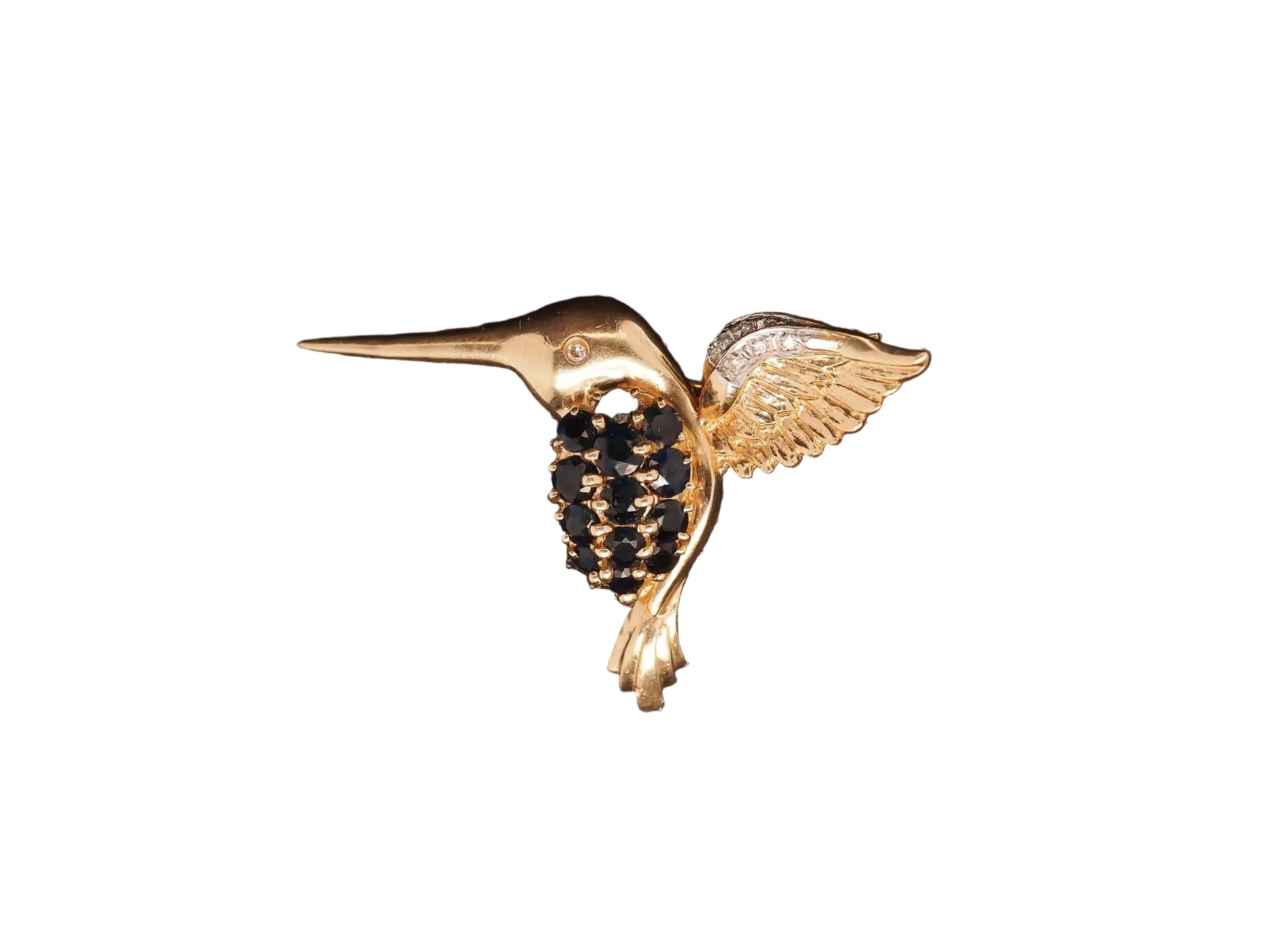 Estate 14K Yellow Gold Sapphire and Diamond Hummingbird Pendant and Brooch