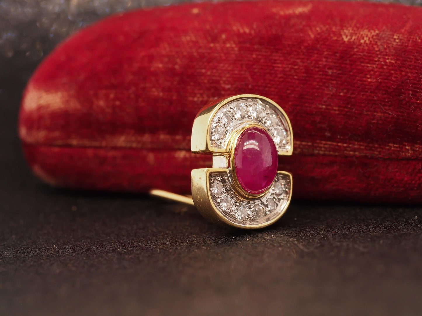 Estate 18K Yellow Gold Ruby Cabochon and Diamond Earrings - VHK504B
