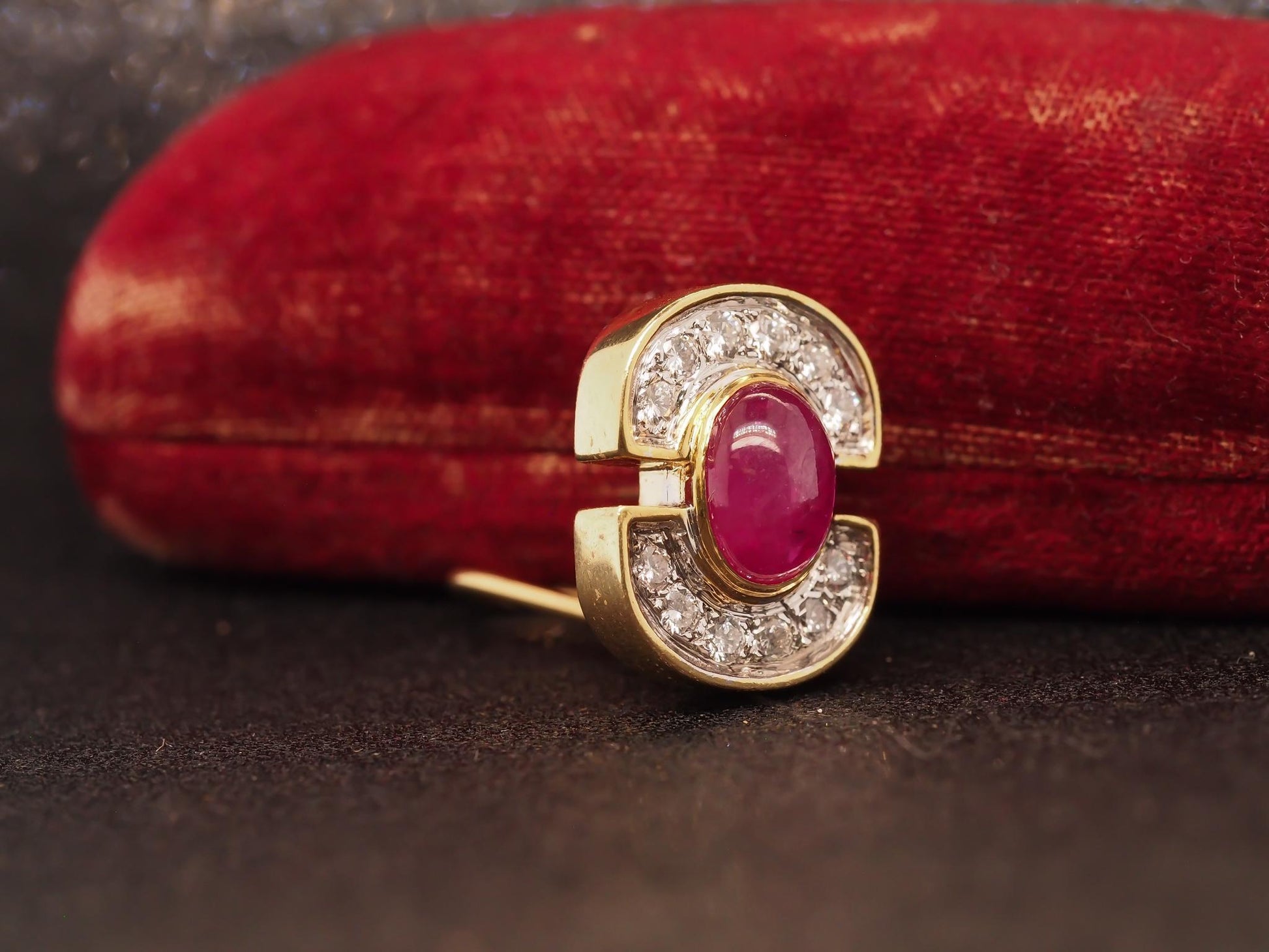Estate 18K Yellow Gold Ruby Cabochon and Diamond Earrings - VHK504B