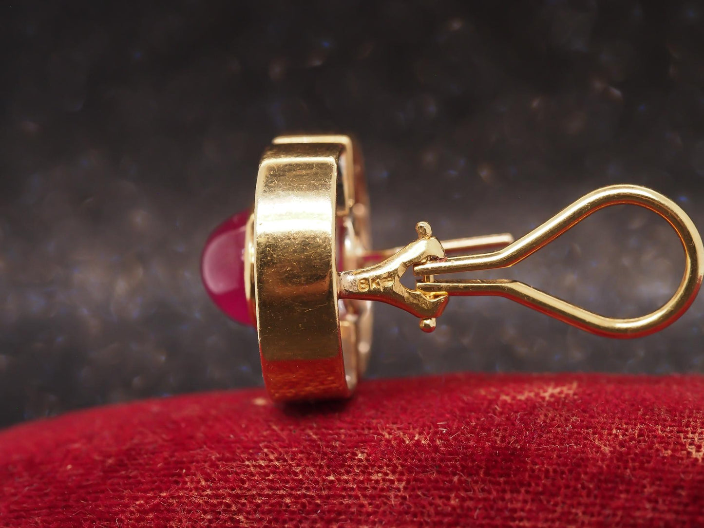 Estate 18K Yellow Gold Ruby Cabochon and Diamond Earrings - VHK504B