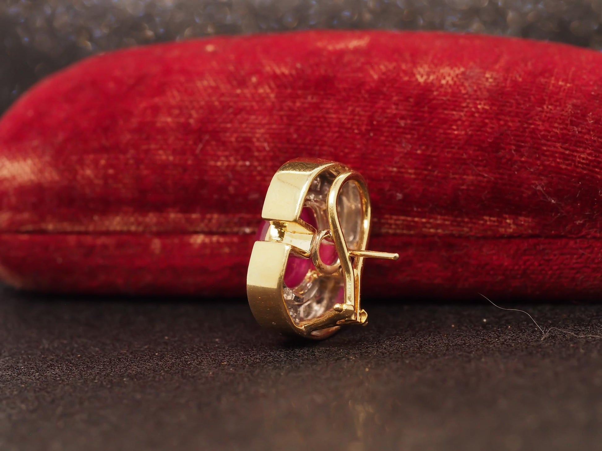 Estate 18K Yellow Gold Ruby Cabochon and Diamond Earrings - VHK504B