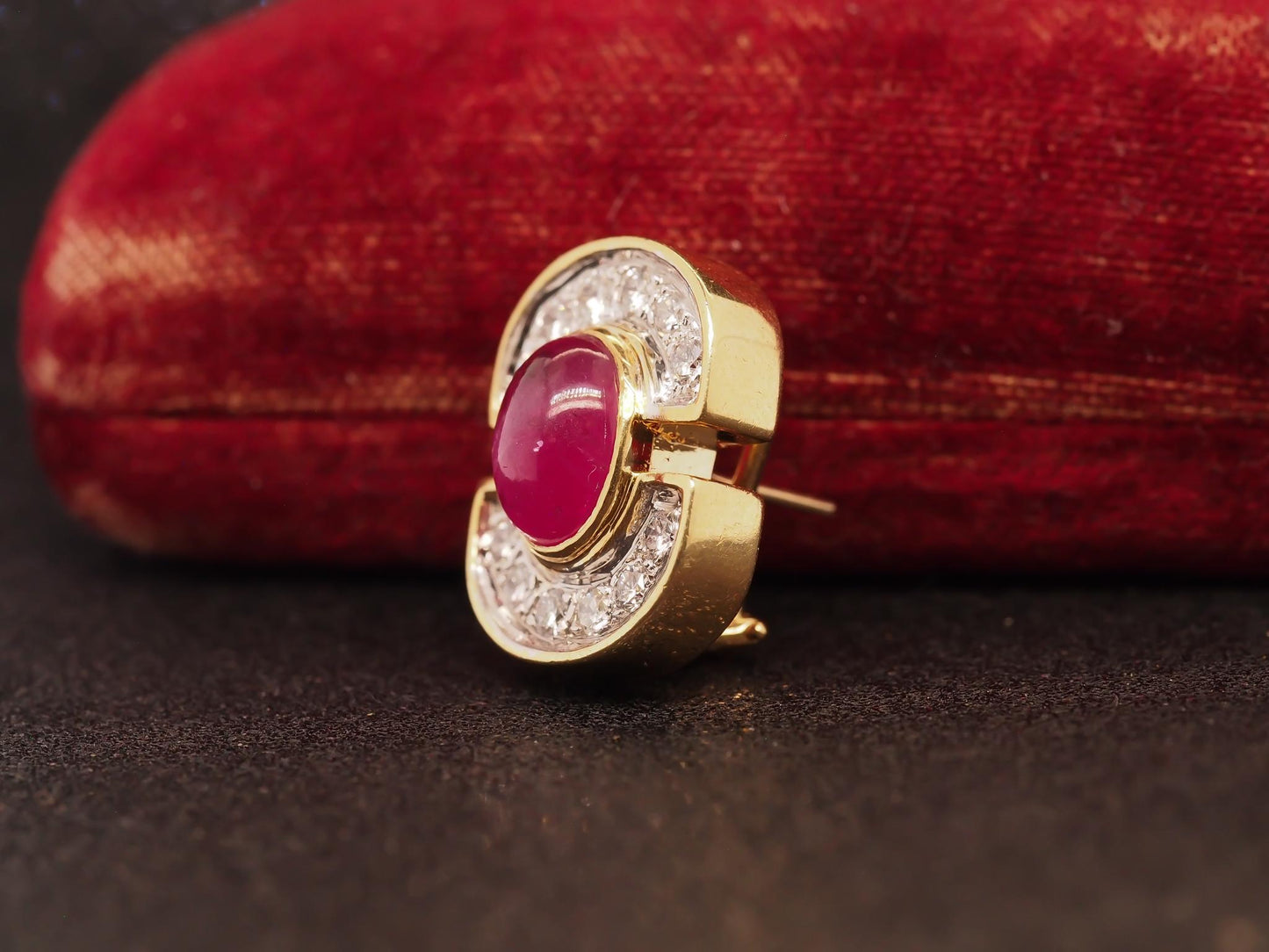Estate 18K Yellow Gold Ruby Cabochon and Diamond Earrings - VHK504B