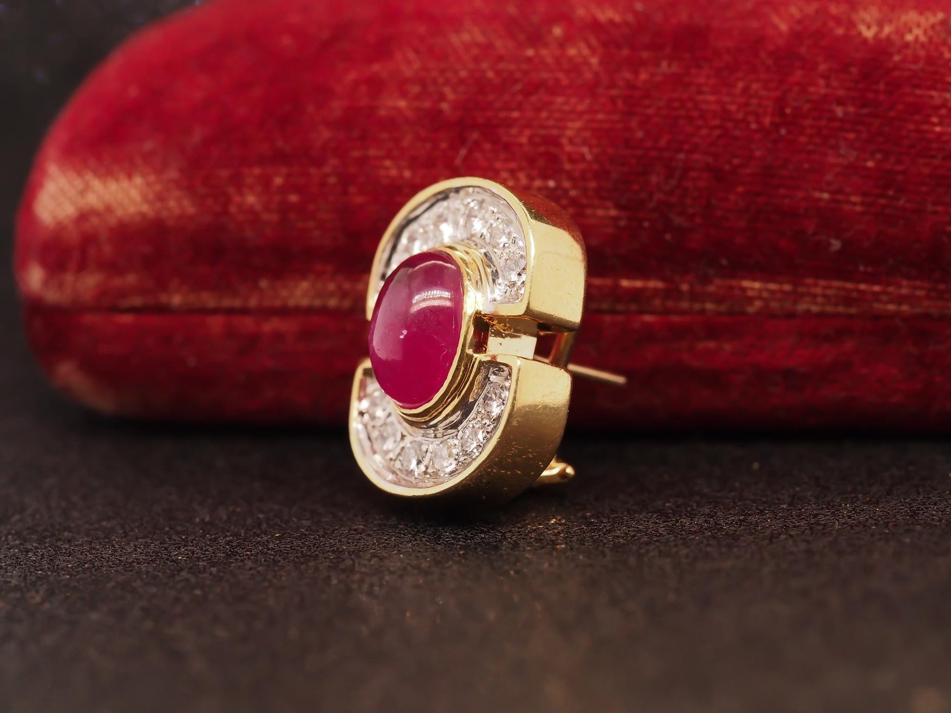 Estate 18K Yellow Gold Ruby Cabochon and Diamond Earrings - VHK504B