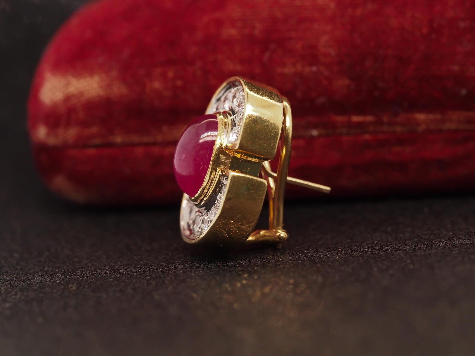 Estate 18K Yellow Gold Ruby Cabochon and Diamond Earrings - VHK504B