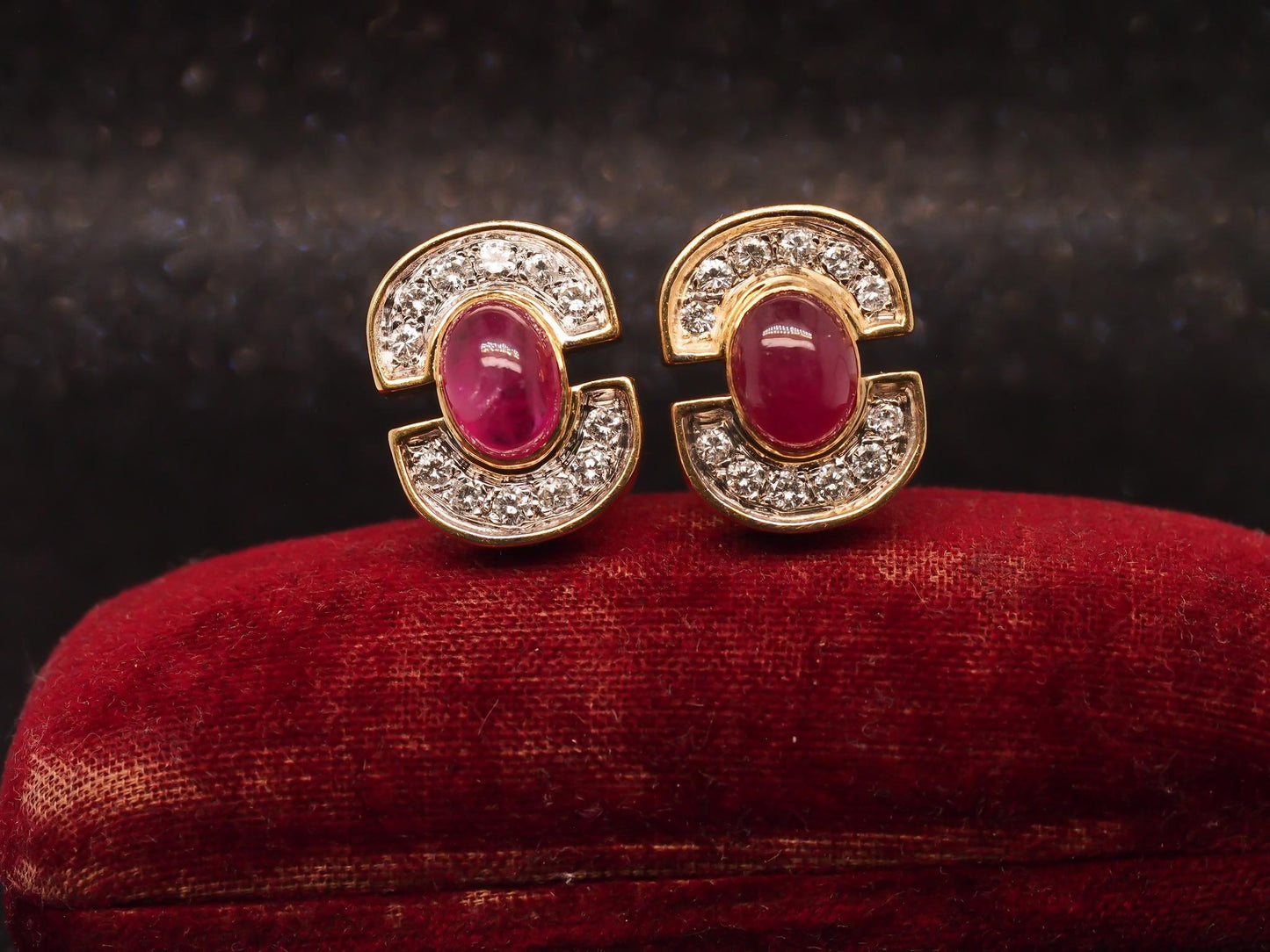 Estate 18K Yellow Gold Ruby Cabochon and Diamond Earrings - VHK504B