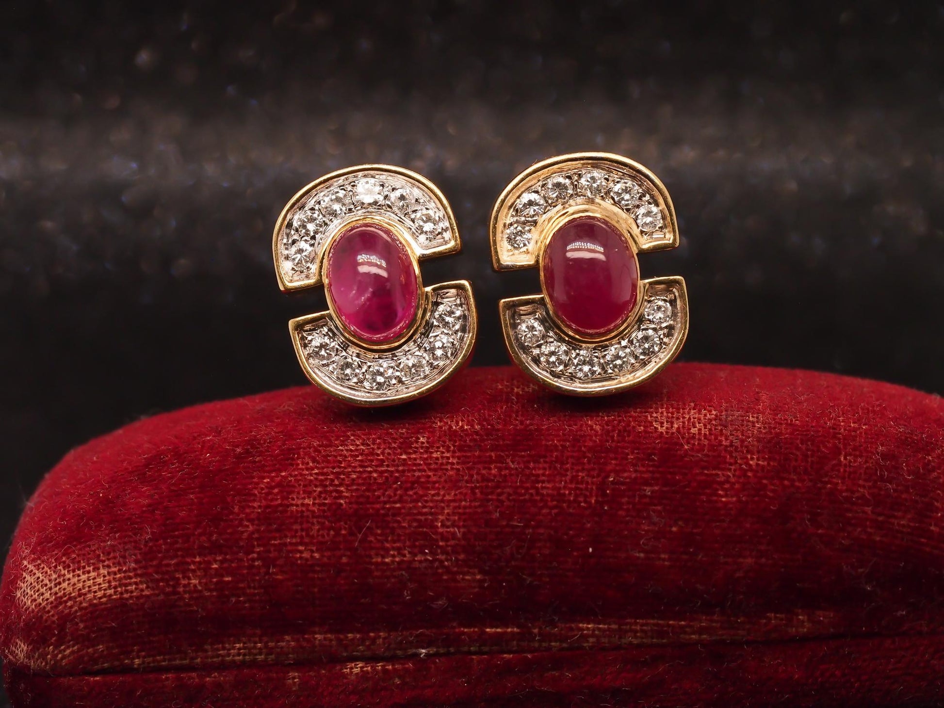 Estate 18K Yellow Gold Ruby Cabochon and Diamond Earrings - VHK504B