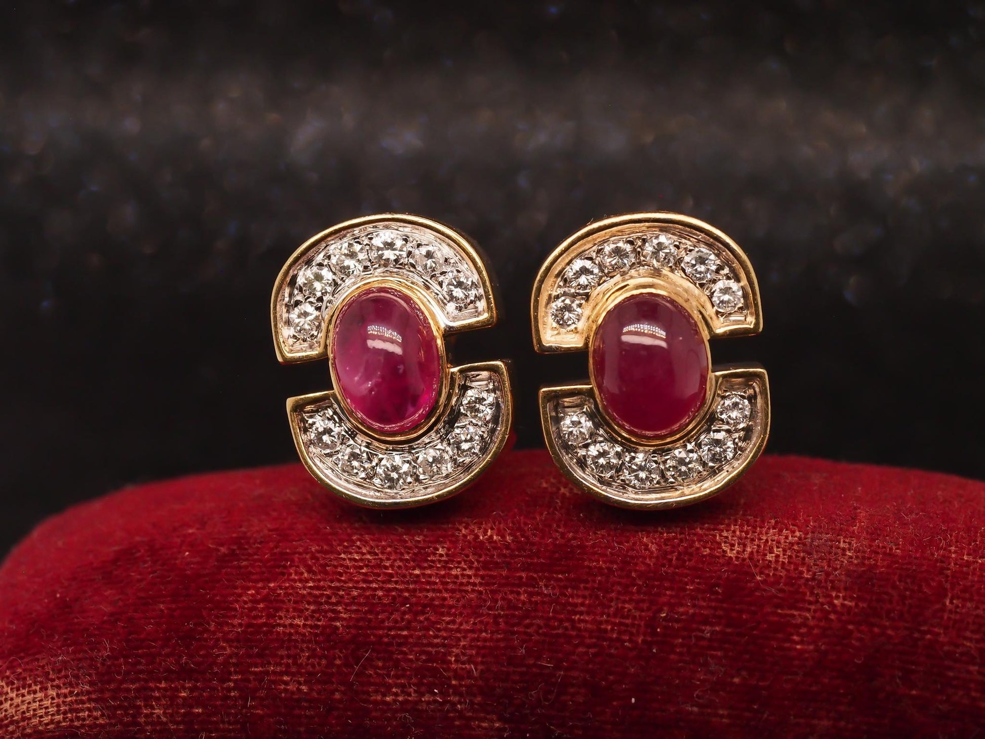 Estate 18K Yellow Gold Ruby Cabochon and Diamond Earrings - VHK504B