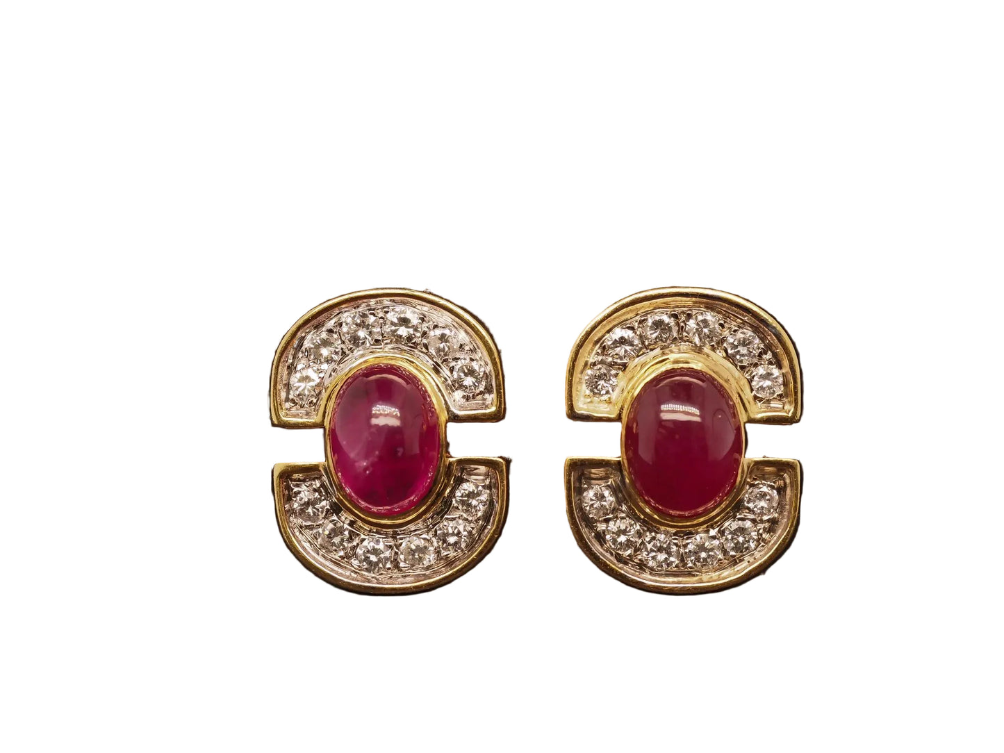 Estate 18K Yellow Gold Ruby Cabochon and Diamond Earrings - VHK504B