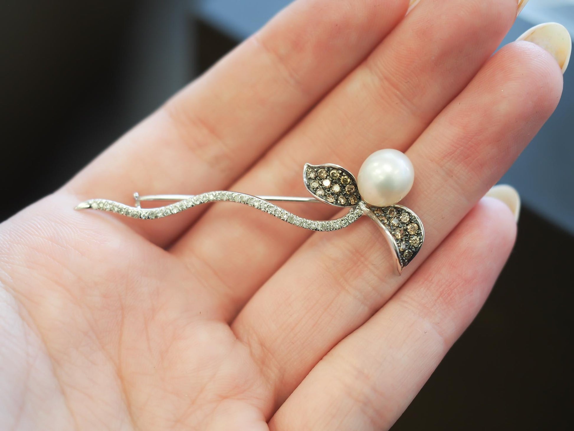 Estate 14K White Gold Pearl and Brown and White Diamond Flower Brooch - VHK#501b