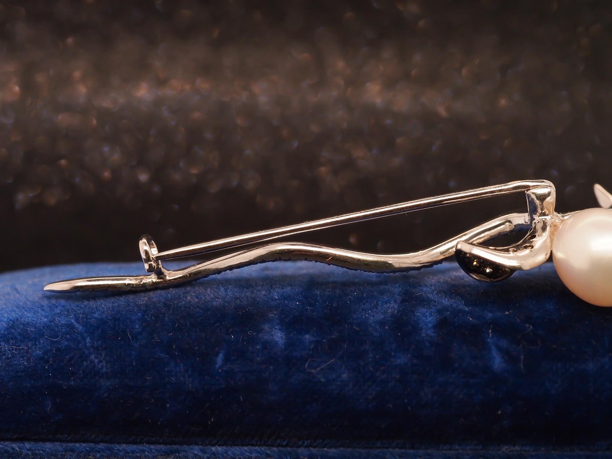 Estate 14K White Gold Pearl and Brown and White Diamond Flower Brooch - VHK#501b