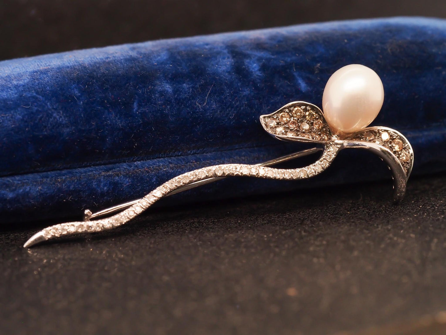 Estate 14K White Gold Pearl and Brown and White Diamond Flower Brooch - VHK#501b