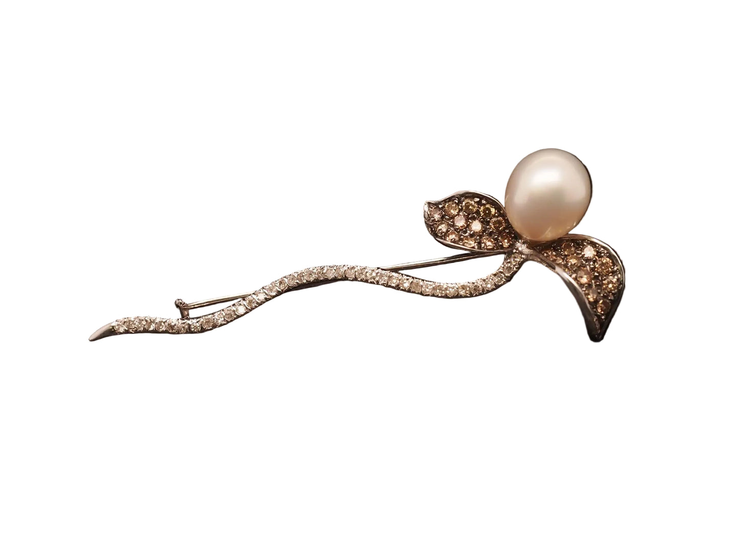 Estate 14K White Gold Pearl and Brown and White Diamond Flower Brooch - VHK#501b
