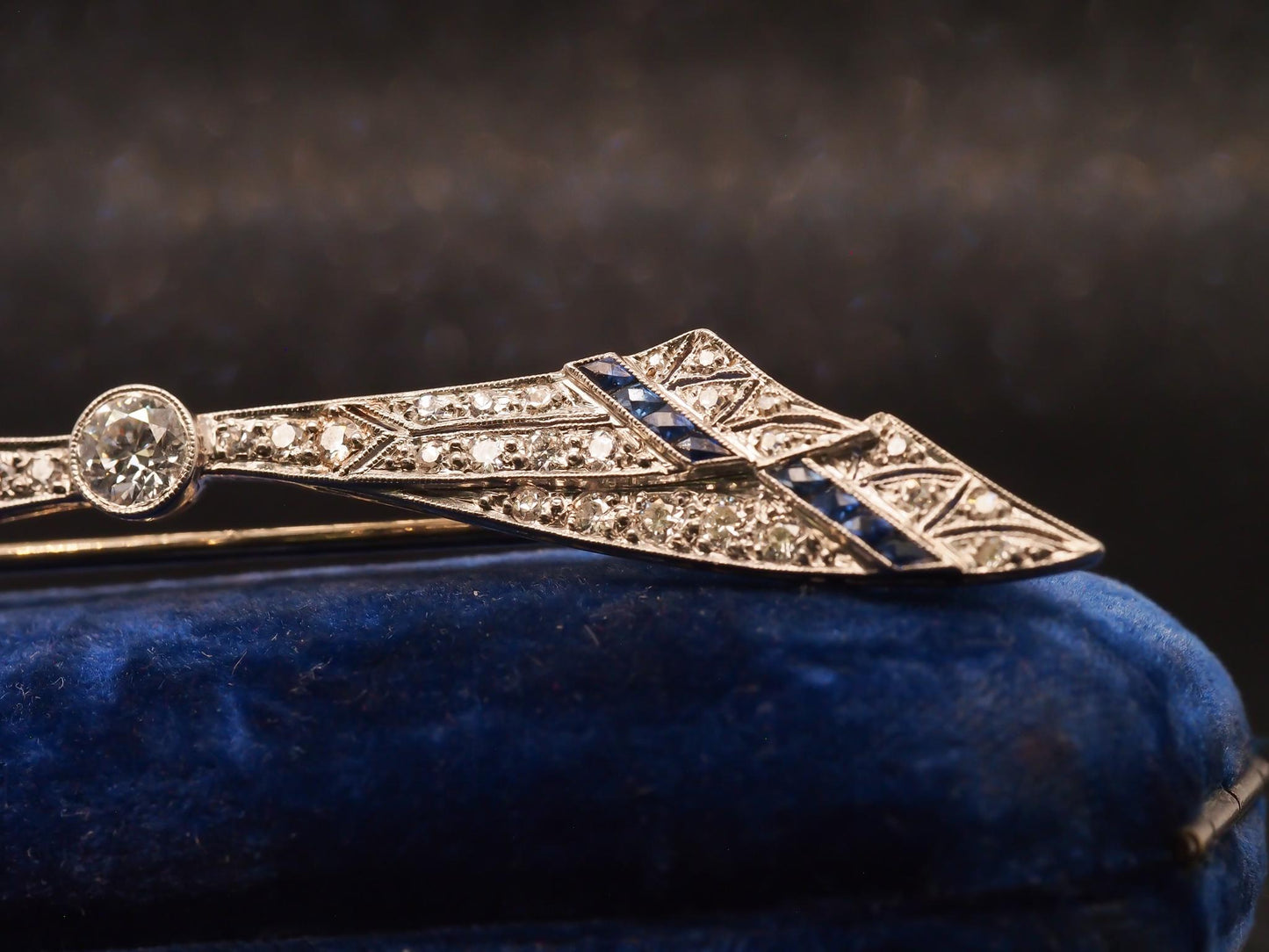 Estate Art Deco Platinum Old European Diamond and Sapphire Brooch - VHK#523a