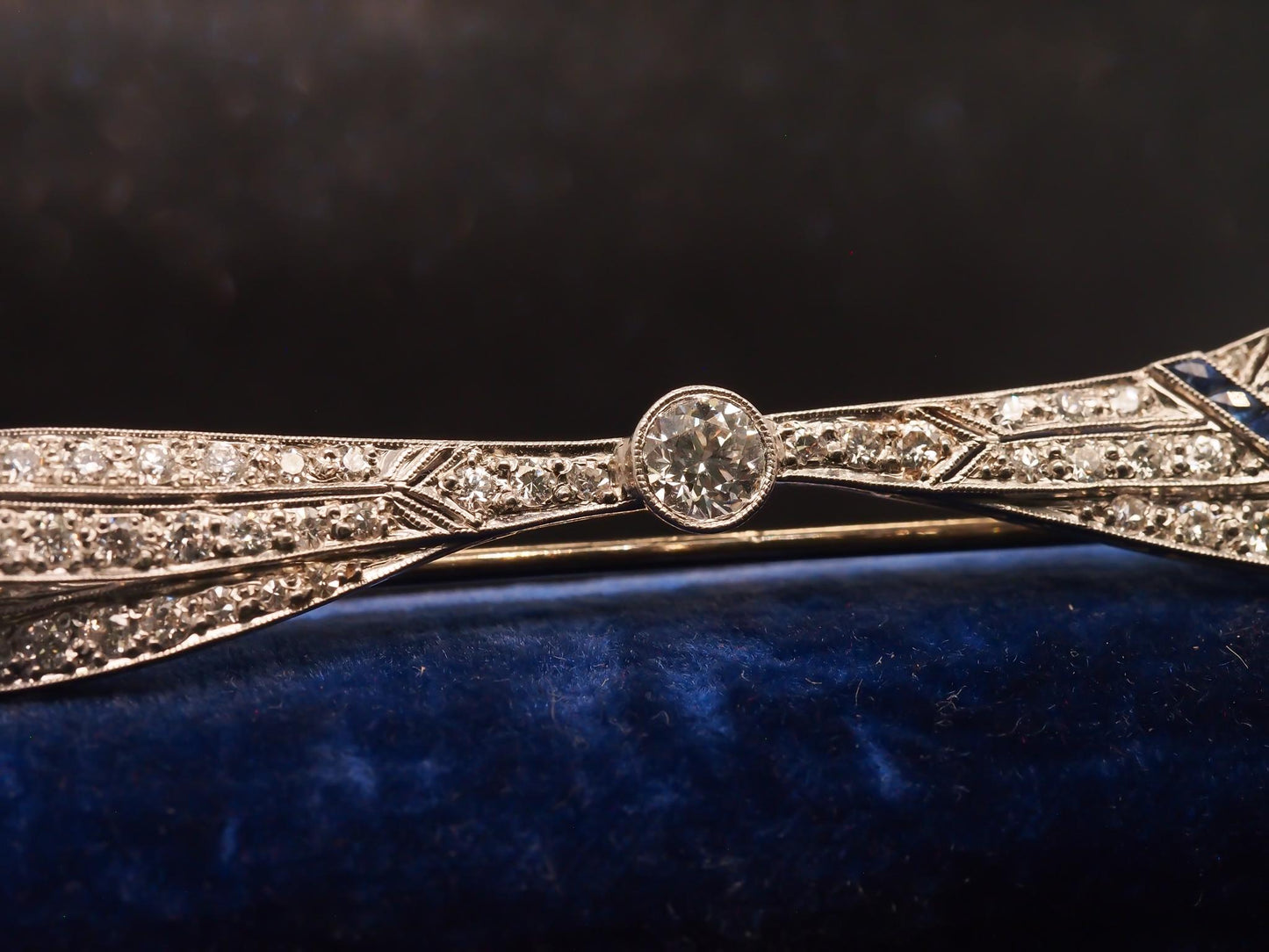 Estate Art Deco Platinum Old European Diamond and Sapphire Brooch - VHK#523a