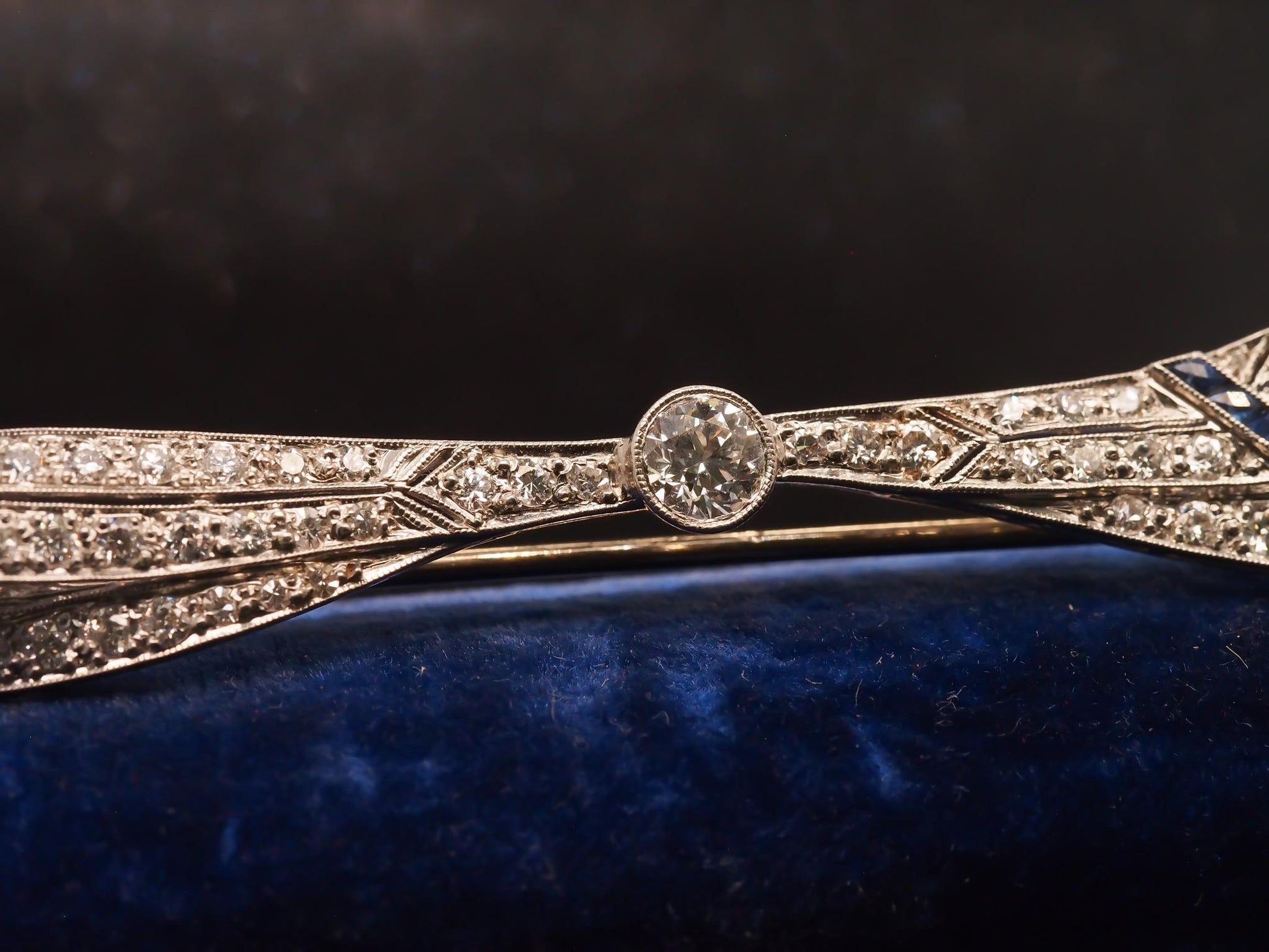 Estate Art Deco Platinum Old European Diamond and Sapphire Brooch - VHK#523a