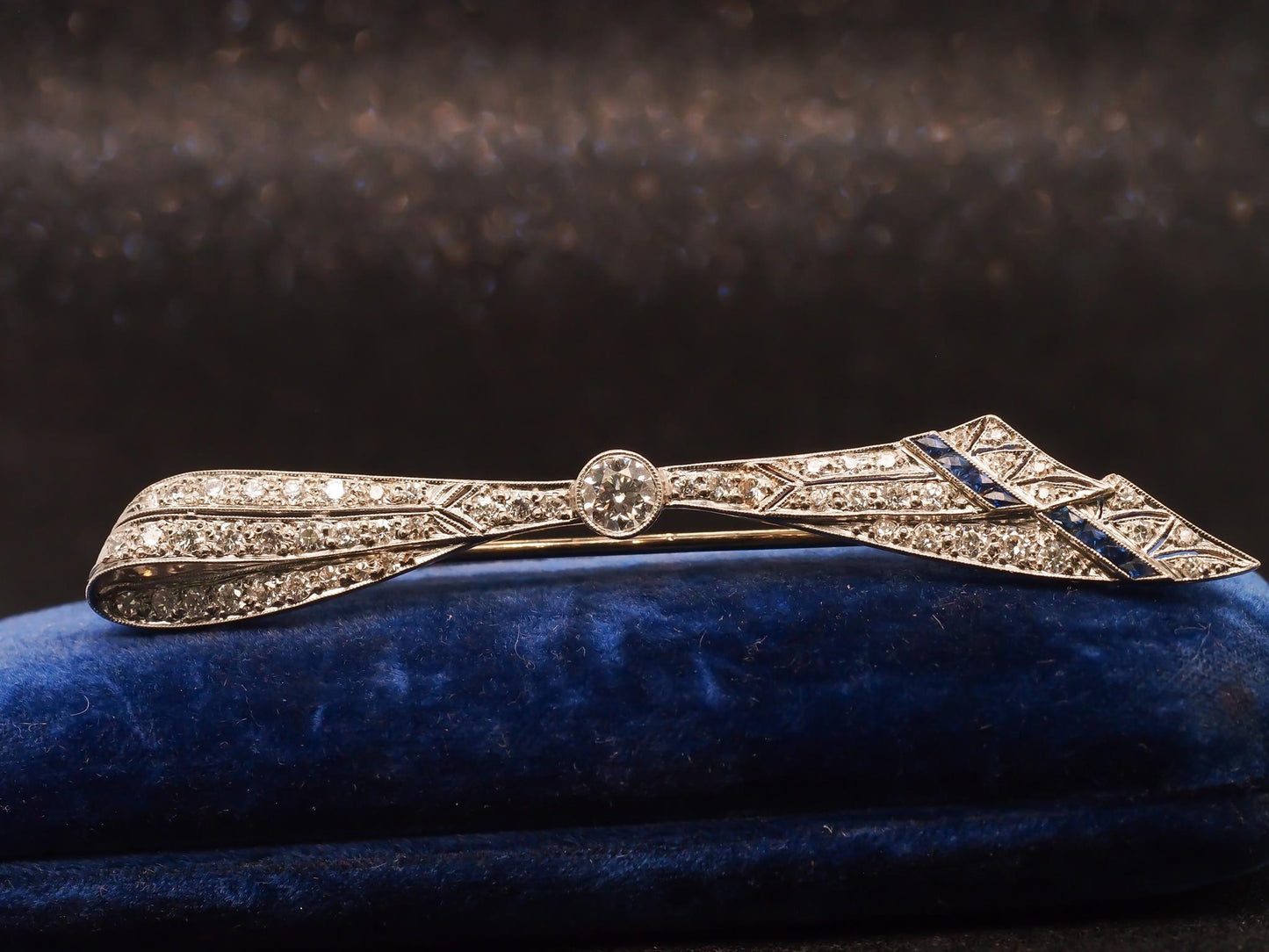 Estate Art Deco Platinum Old European Diamond and Sapphire Brooch - VHK#523a