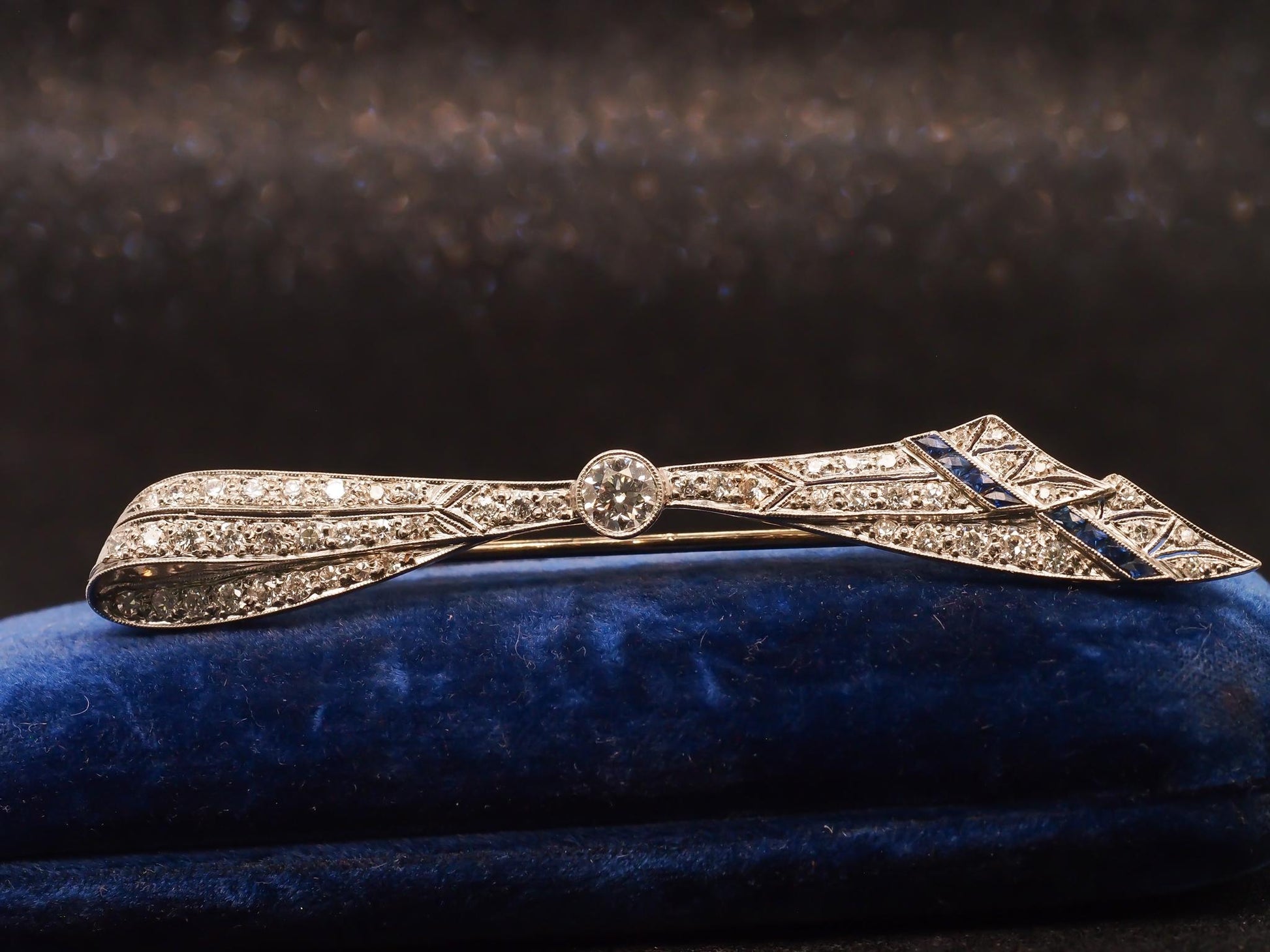 Estate Art Deco Platinum Old European Diamond and Sapphire Brooch - VHK#523a