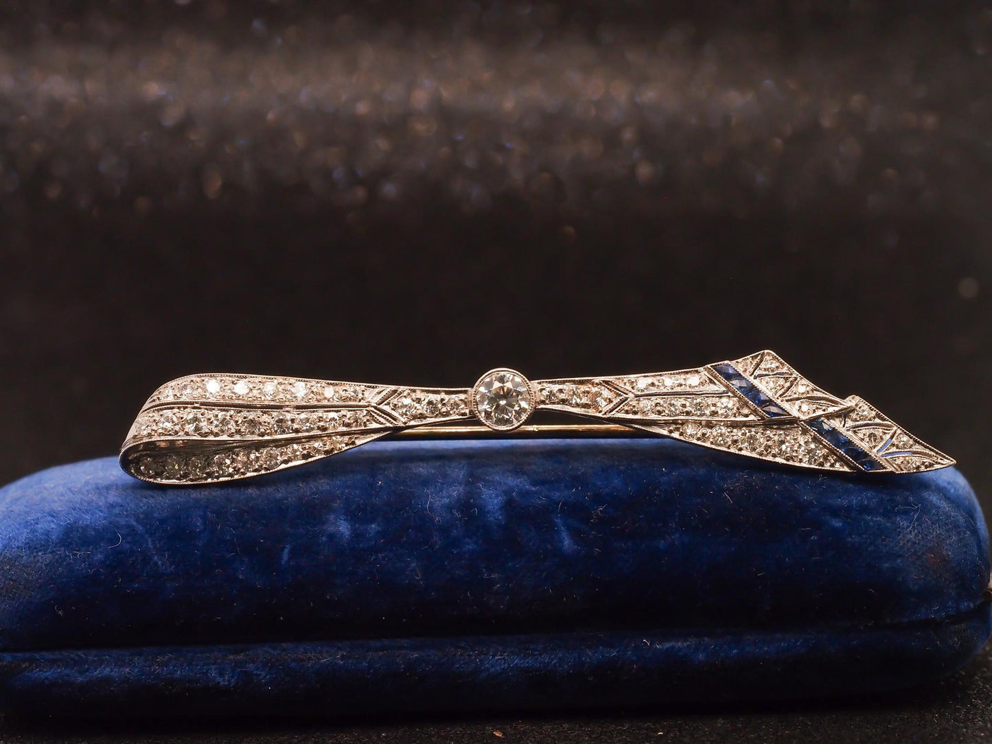 Estate Art Deco Platinum Old European Diamond and Sapphire Brooch - VHK#523a