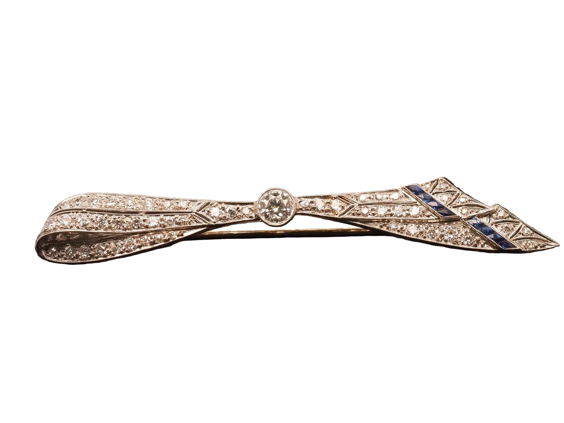 Estate Art Deco Platinum Old European Diamond and Sapphire Brooch - VHK#523a