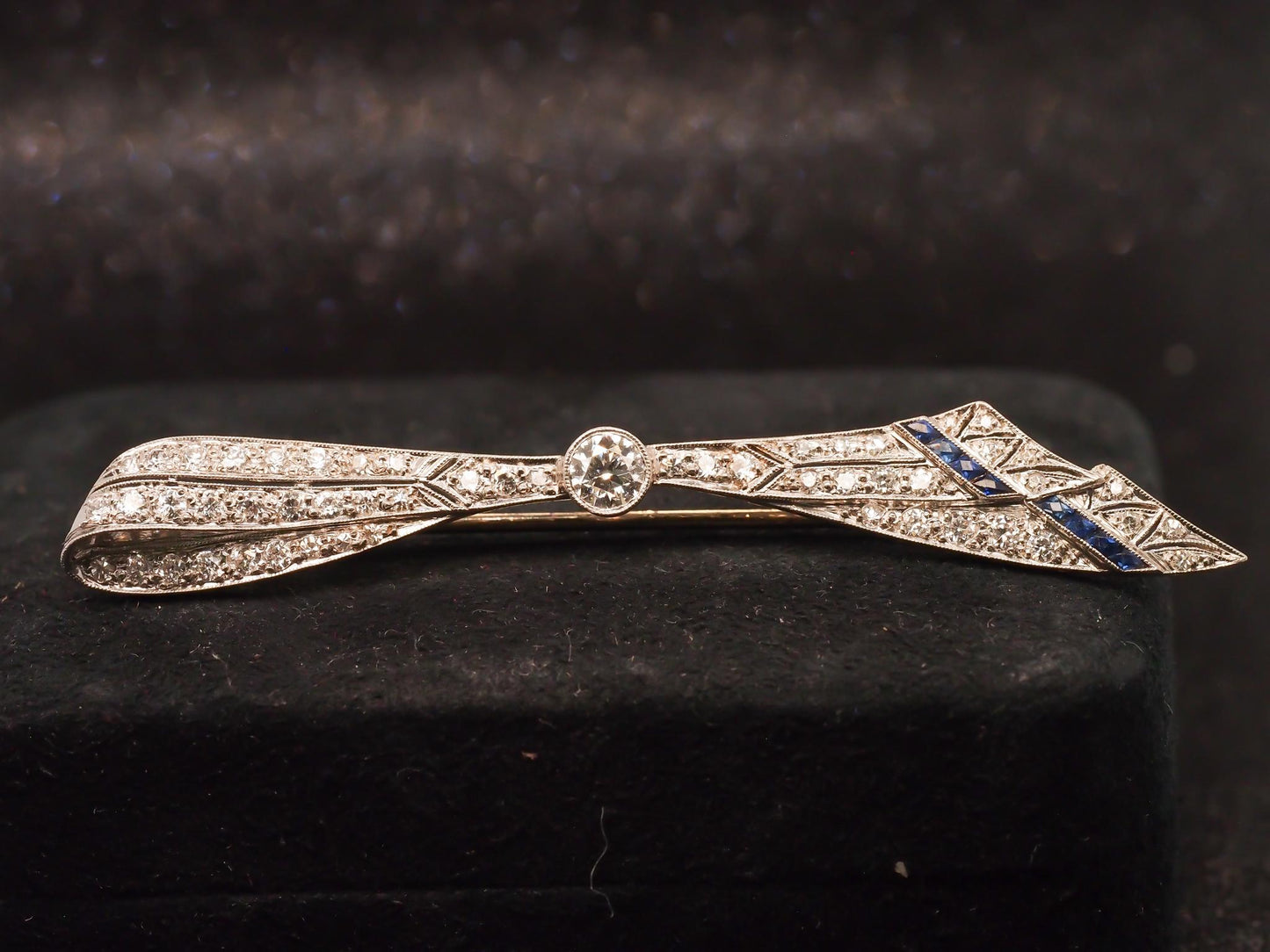 Estate Art Deco Platinum Old European Diamond and Sapphire Brooch - VHK#523a