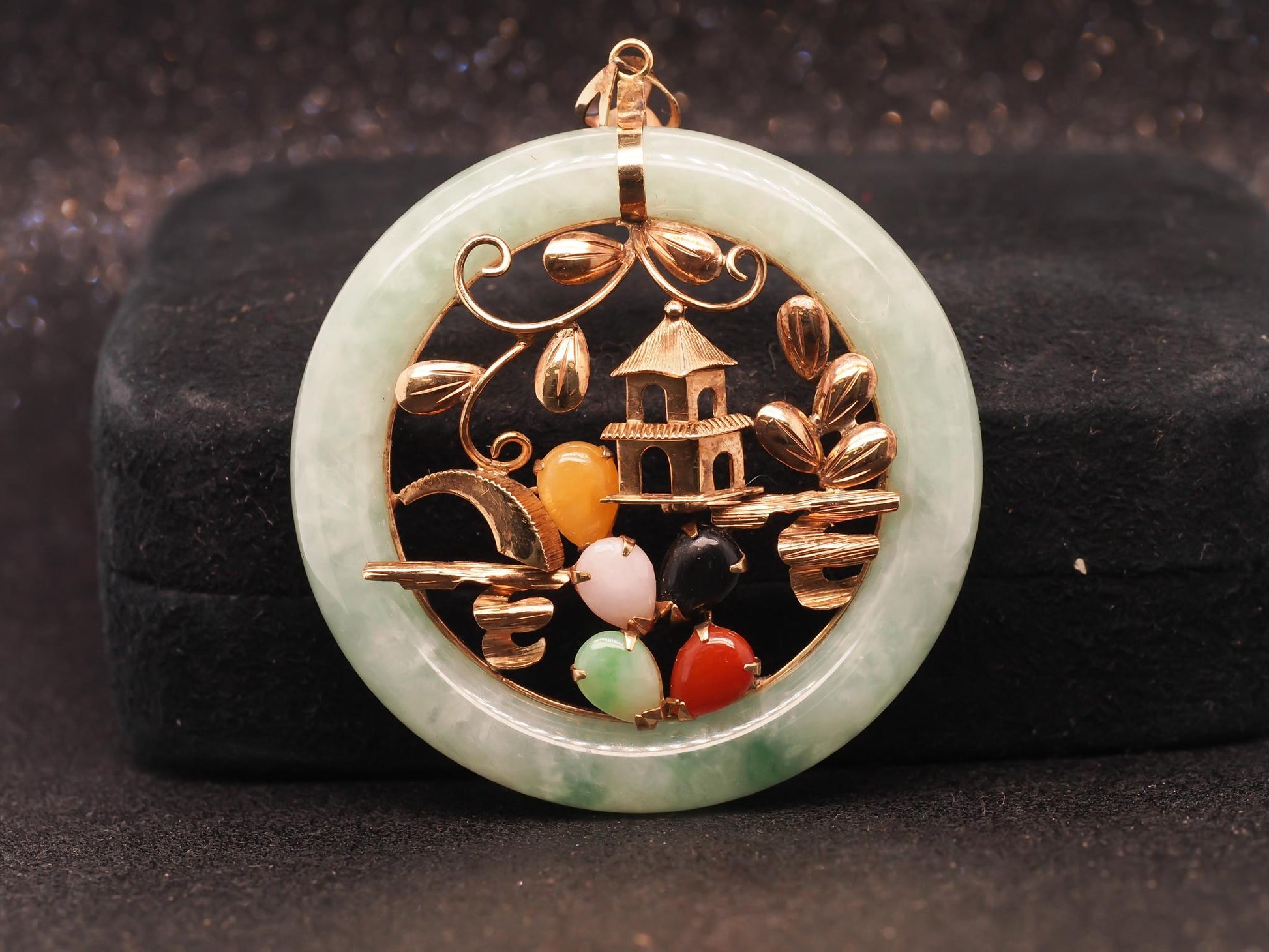 Estate 14K Yellow Gold Multicolor Jade Pendant - VHK#474a