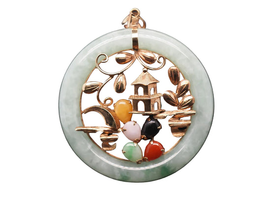 Estate 14K Yellow Gold Multicolor Jade Pendant - VHK#474a