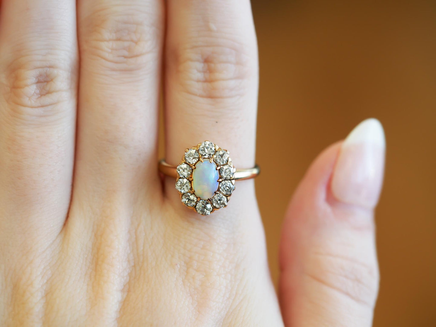 Estate 14K Gold Natural Opal & 1.50 CTW Old Mine Diamond Halo Ring - VHK#477B