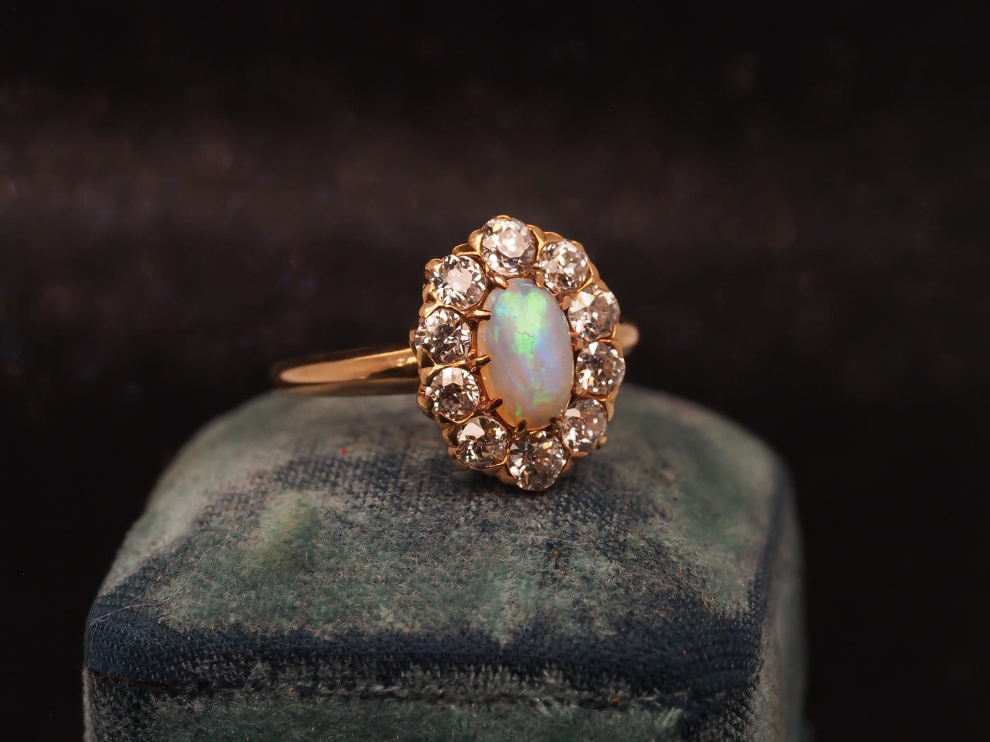 Estate 14K Gold Natural Opal & 1.50 CTW Old Mine Diamond Halo Ring - VHK#477B