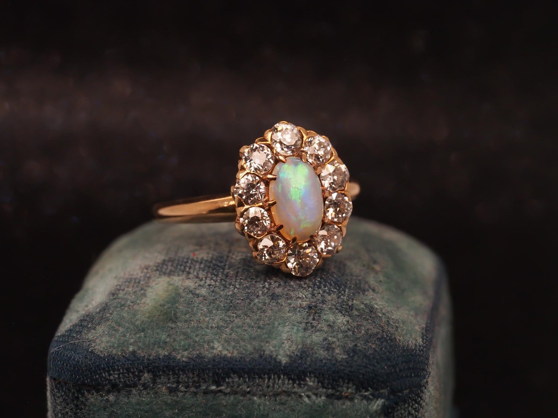 Estate 14K Gold Natural Opal & 1.50 CTW Old Mine Diamond Halo Ring - VHK#477B