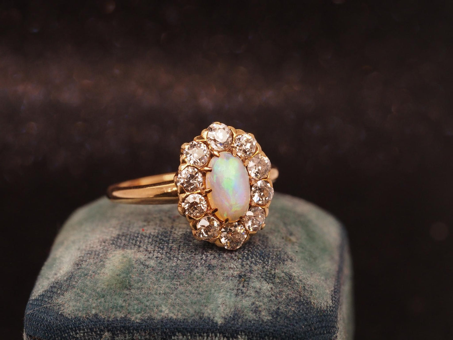 Estate 14K Gold Natural Opal & 1.50 CTW Old Mine Diamond Halo Ring - VHK#477B