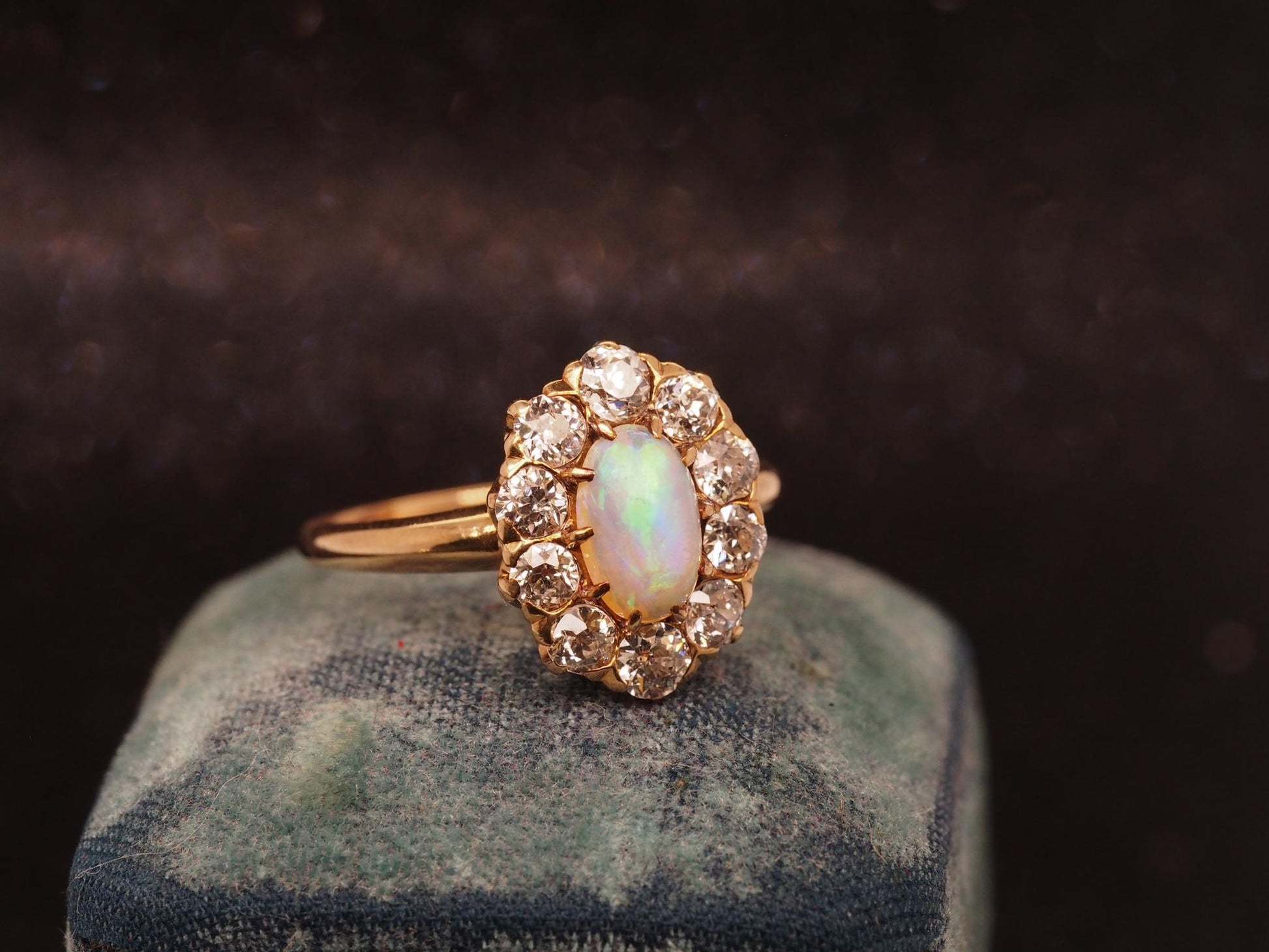 Estate 14K Gold Natural Opal & 1.50 CTW Old Mine Diamond Halo Ring - VHK#477B