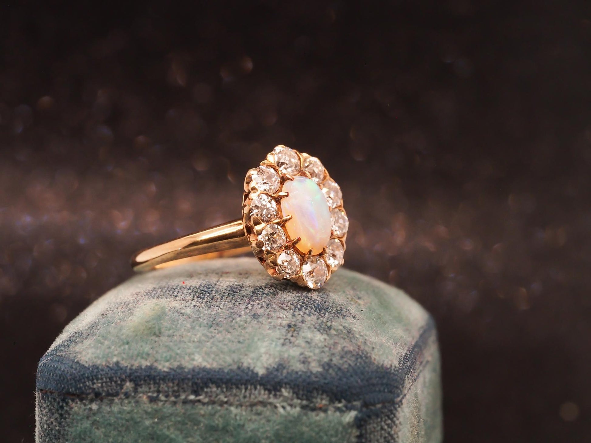 Estate 14K Gold Natural Opal & 1.50 CTW Old Mine Diamond Halo Ring - VHK#477B