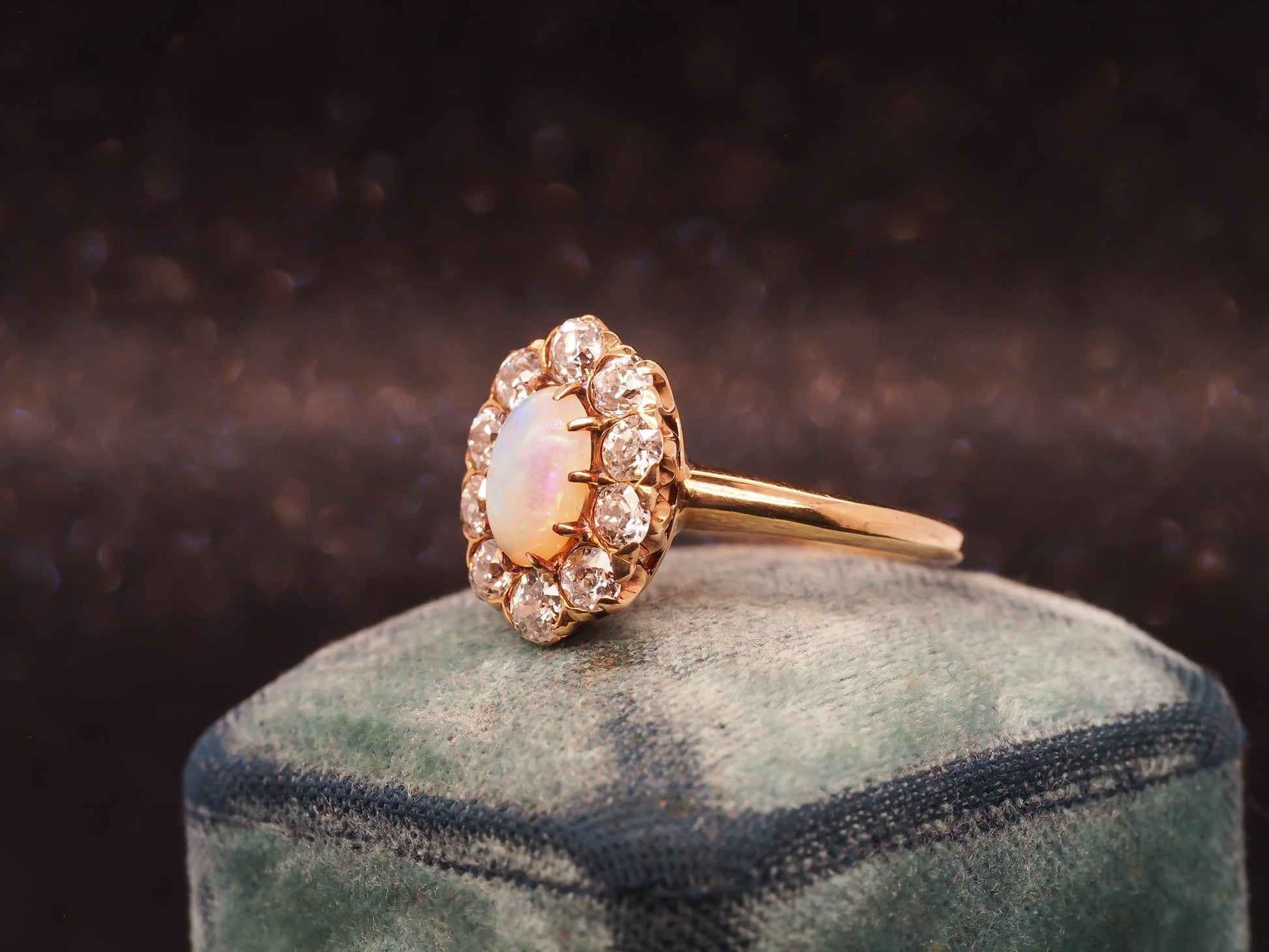 Estate 14K Gold Natural Opal & 1.50 CTW Old Mine Diamond Halo Ring - VHK#477B