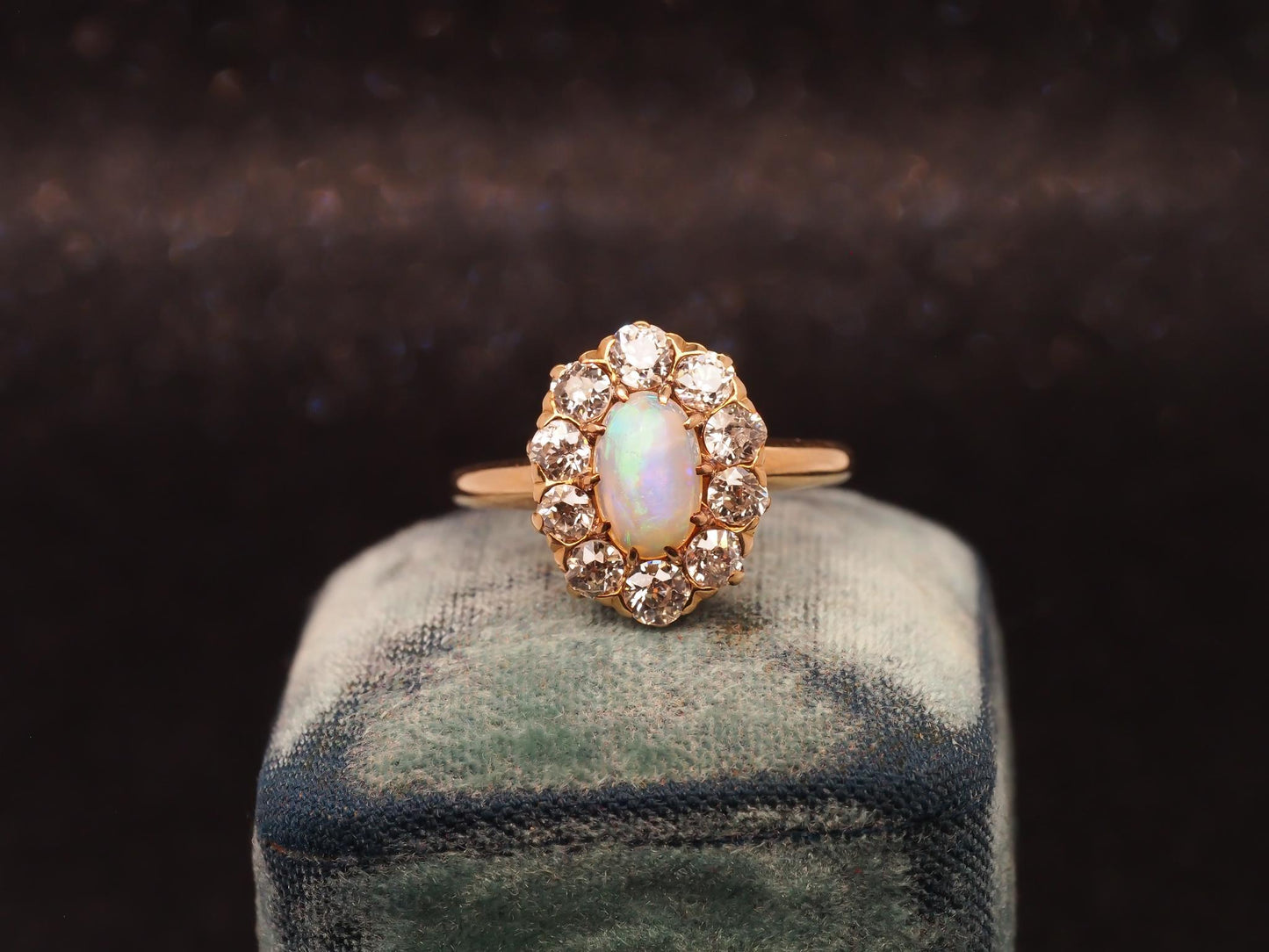 Estate 14K Gold Natural Opal & 1.50 CTW Old Mine Diamond Halo Ring - VHK#477B