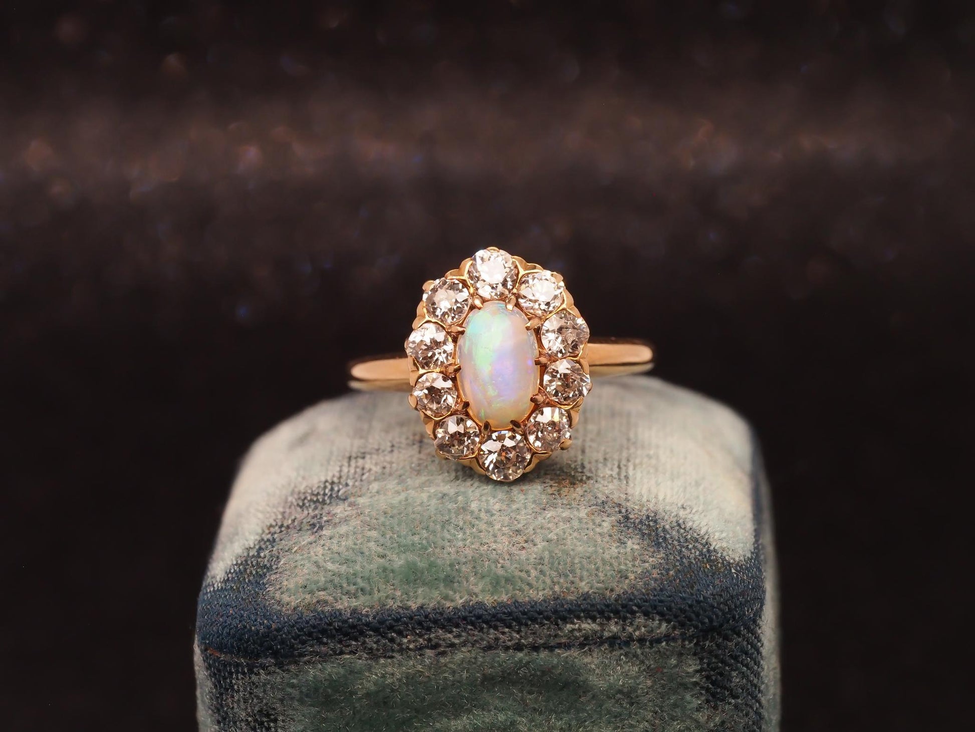 Estate 14K Gold Natural Opal & 1.50 CTW Old Mine Diamond Halo Ring - VHK#477B