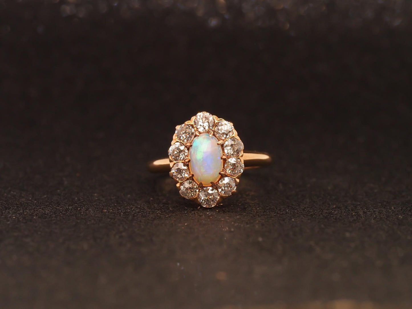 Estate 14K Gold Natural Opal & 1.50 CTW Old Mine Diamond Halo Ring - VHK#477B
